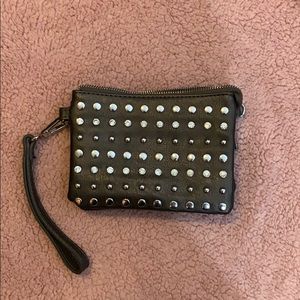 Grey jeweled hand bag with strap